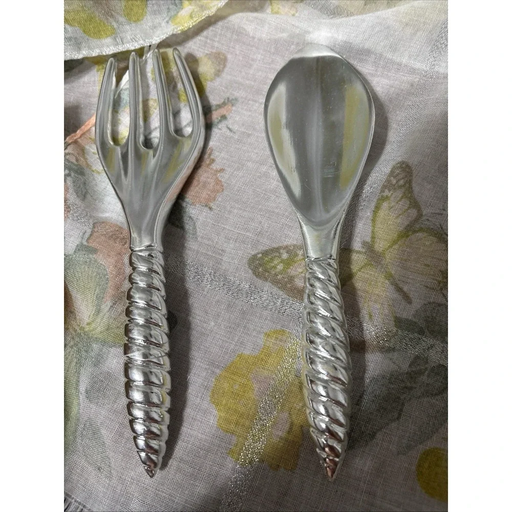 Silver‎ Polished Twist Handle Serving Spoon & Fork Set, 12in Floral Wood Box